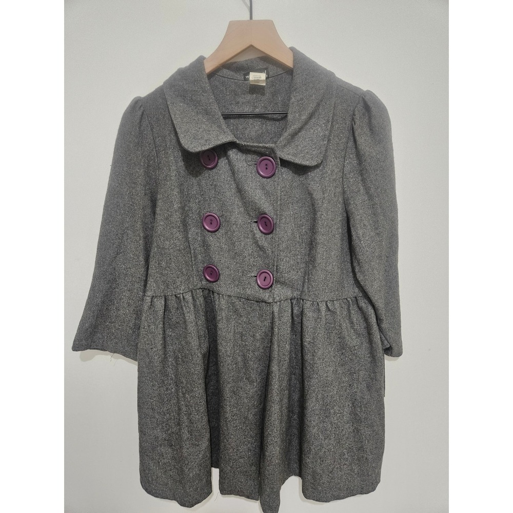 Wet‎ Seal Gray Wool Blend Babydoll Coat Purple Buttons Double Breasted Large y2k